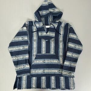 XL Baja Hoodie Drug Rug Pullover Blue White Woven Jerga Kangaroo Pocket